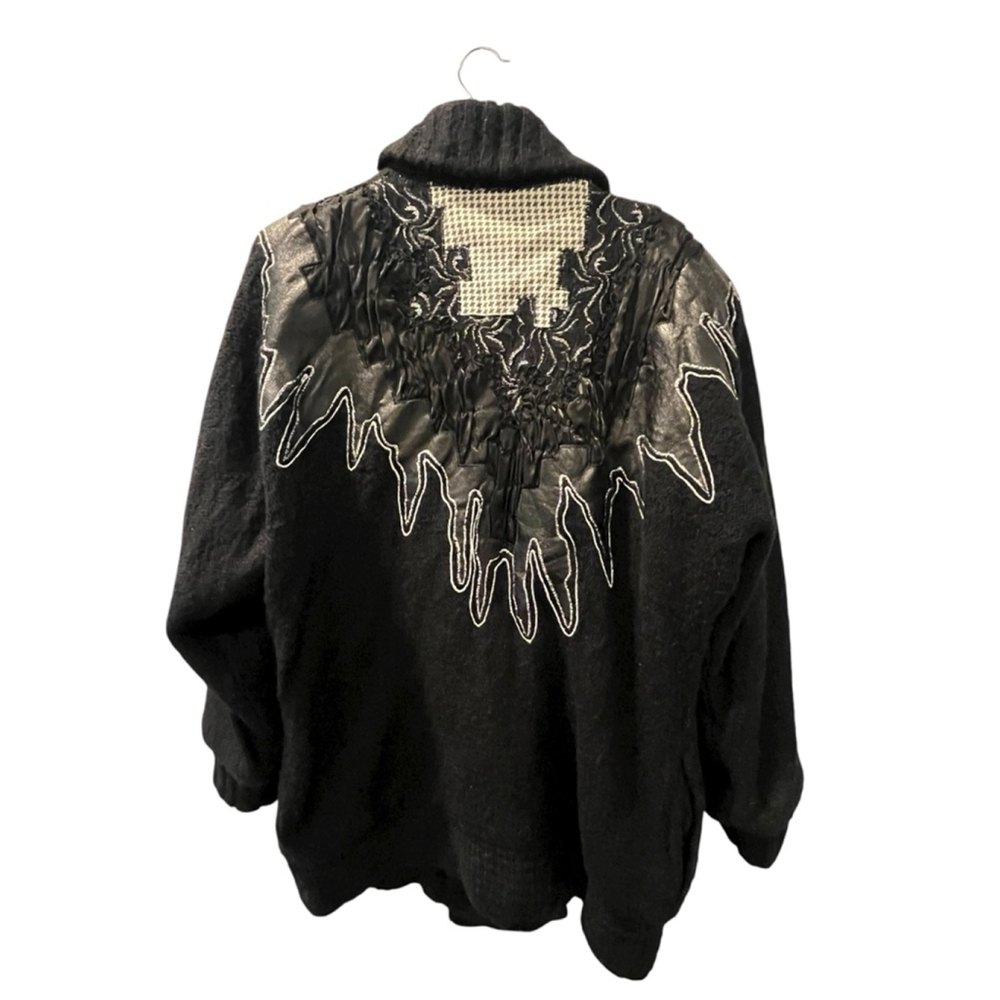 Vintage 80's LeRoy Knitwear Wool Knit Sweater Size XL Black Embroidered Lace